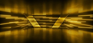 Siber Neon Parlak Cam Donmuş Paneller Turuncu Sarı Vibrant Flüoresan Lazer Işıklar Parlayan Karanlık Koridor Koridor Salonu Parlak Beton Grunge Sahne 3D