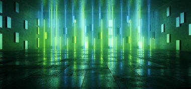 Bilimkurgu Neon Parlak Çizgileri Siber Mavi Lazer Işıklar Cam Panellerin Arkasında Koyu Grunge Beton Beton Yeraltı Tünel Stüdyo Stüdyo Hangarı 3D Resim