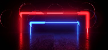 Siber Neon Çerçeve Koridoru Parlayan Cam Paneller Mavi Flüoresan Lazer Işıklar Karanlık Koridor Koridorları Parlak Beton Koridor Grunge Sahne 3D