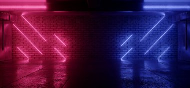 Neon Işıkları Grunge Bilim Kurgu Yeraltı Otomobil Odası Asfalt Beton Tuğla Tuğla Duvarı Mor Gerçekçi Mor Renkler Siber Arkaplan 3D Görüntü