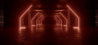 Neon Işıkları Grunge Bilim Kurgu Sahnesi Şov Salonu Koridoru Yeraltı Garajı Otomobil Odası Çimento Beton Tuğla Duvar Gerçekçi Turuncu Siber Arkaplan 3D