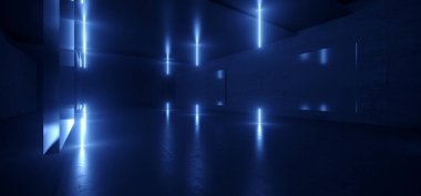 Bilim Kurgu Geleceği Garajı Mavi Lazer Retro Modern Uzay Stüdyosu Showroom Galerisi Beton Asfalt Hangar Tüneli Koridoru 3D Resim