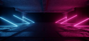 Bilim Kurgu Geleceği Garajı Mor Mor Neon Lazer Retro Modern Uzay Stüdyosu Gösteri Salonu Beton Asfalt Hangar Tüneli Koridoru 3D Resim Çizimi