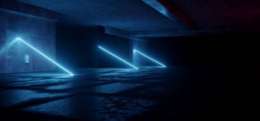 Bilim Kurgu Geleceği Garajı Mavi Lazer Retro Modern Uzay Stüdyosu Showroom Galerisi Beton Asfalt Hangar Tüneli Koridoru 3D Resim