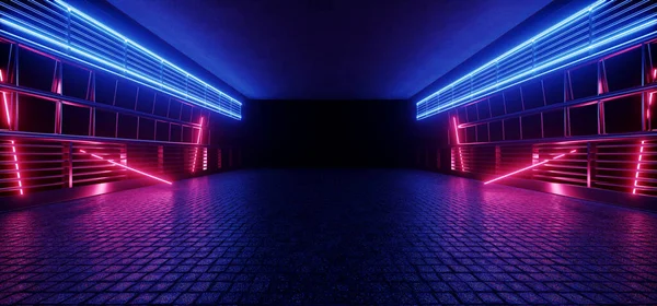 Sci Fi Futuristic Garage Purple Blue Neon Laser Retro Modern Spaceship Studio Showroom Gallery Concrete Asphalt Hangar Tunnel Corridor 3D Rendering  Illustration