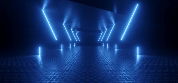 Sci Fi Futuristic Garage Blue Neon Laser Retro Modern Spaceship Studio Showroom Gallery Concrete Asphalt Hangar Tunnel Corridor 3D Rendering  Illustration