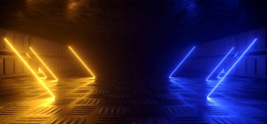 Sci Fi Uzay Gemisi Metal Döşeme Garajı Mavi Neon Lazer Modern Stüdyo Showroom Galerisi Beton Döşeme Hangarı Koridoru 3D Çizim