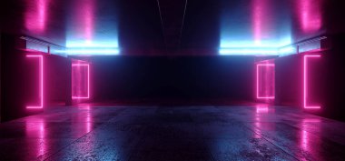 Bilim Kurgu Garajı Mor Neon Lazer Retro Modern Uzay Stüdyosu Showroom Galerisi Beton Asfalt Döşeme Hangar Tüneli Koridoru 3D Resim
