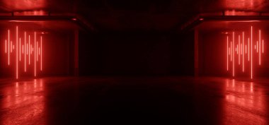Grunge Bilim Kurgu Kırmızı Neon Lazerler Parlayan Hangar Bodrum Fütüristik Endüstriyel Boş Vitrin Tüneli Koridoru Asfalt Çizim 3B