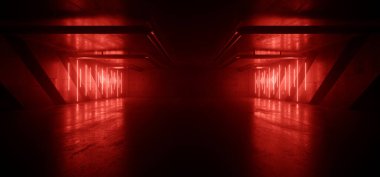 Grunge Bilim Kurgu Kırmızı Neon Lazerler Parlayan Hangar Bodrum Fütüristik Endüstriyel Boş Vitrin Tüneli Koridoru Asfalt Çizim 3B