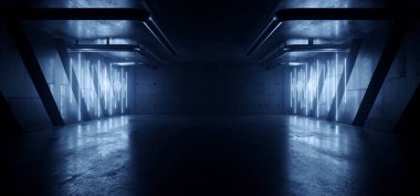 Grunge Bilim Kurgu Mavi Elektrik Sanal Lazerleri Parlayan Hangar Bodrum Fütüristik Endüstriyel Vitrin Tüneli Koridoru Asfalt 3 boyutlu Resim