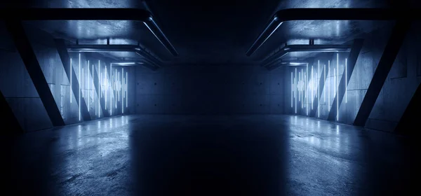 グランジサイエンスFiブルーエレクトリックサイバーネオンレーザー成長ハンガー地下駐車場未来的な産業用空のショーケーストンネル回廊コンクリートアスファルト3Dレンダリングイラスト — ストック写真