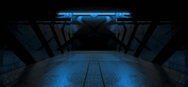 Sci Futuristische Alien Industrial Basement Hangar Pakhuis Blue Cyber Laser — Stockfoto