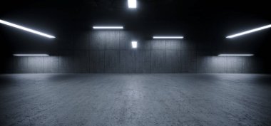 Büyük sert beton Grunge Asfalt Çimento Karanlık Parlayan Işıklar Yeraltı Stüdyosu Park Salonu Sığınak Sığınağı Sığınak 3 boyutlu resimleme