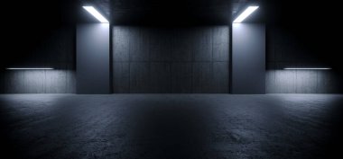 Büyük sert beton Grunge Asfalt Çimento Karanlık Parlayan Işıklar Yeraltı Stüdyosu Park Salonu Sığınak Sığınağı Sığınak 3 boyutlu resimleme