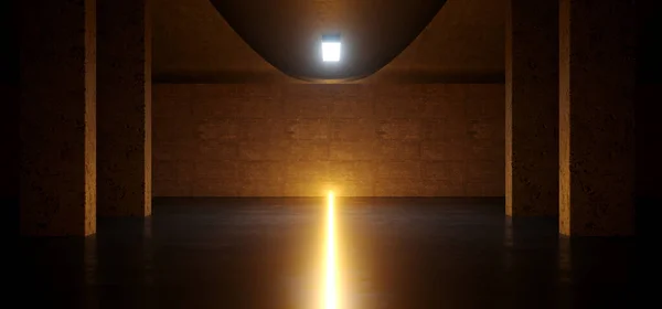Dark Orange Laser Light Glowing Sci Fi Futuristic Bomb Shelter Studio basement Concrete Rough Asphalt Parking Underground Hallway 3D Rendering Illustration