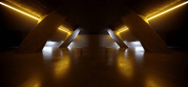 Bilimci Fütürist Yeraltı Parlayan Neon Parıltısı Grunge Mağazası Mağaza Garajı Beton Asma Beton Salon Salon Salonu 3D Resimlendirme