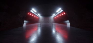 Oval Bilim Kurgu Geleceği Yeraltı Tüneli Kırmızı Neon Parlayan Grunge Mağazası Mağazası Garaj Garajı Beton Asfalt Salon Salonu 3D Resim Çizimi