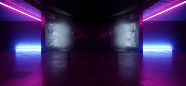 Futuristic Sci Fi Concrete Grunge Garage Underground Hangar Basement Showroom Parking Stage Tunnel Corridor Cyber Glowing Neon Strips Dark 3D Rendering Illustration