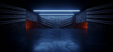 Garage Sci Fi Alien Spaceship Futuristic Garage Brick Concrete Floor Metal Pipes Empty Parking Showroom Studio Car Podium Basement 3D Rendering  Illustration