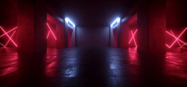 Neon Lasers Sci Fi Futuristic Electric Red Glowing Club Underground Rough Concrete Grunge Tunnel Corridor Cyber Spaceship Basement 3D Rendering Illustration