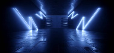 Neon Glowing Futuristic Retro Industrial Basement Tunnel Concrete Grunge Corridor Blue Laser Lights Dark Showroom Garage 3D Rendering illustration
