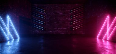 Brick Walls Garage Tunnel Cyber Neon Glowing Purple Blue Futuristic Sci Fi  Underground Parking Grunge Concrete Floor Dark Vibrant Night 3D Rendering Illustration