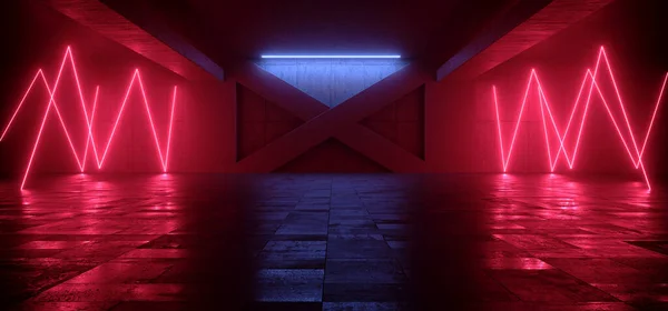 Sci Fi Neon Cyber Futuristic Underground Cement Concrete Tunnel Hangar Basement Bouncing Laser Red Beam Lights Dark Showroom Studio Spaceship ALien 3D Rendering  Illustration