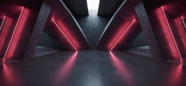 Neon Laser Electric Red White Lights Sci Fi Futuristic Cement Concrete Tunnel Corridor Spaceship Showroom Studio Garage Hallway Triangle 3D Rendering  illustration