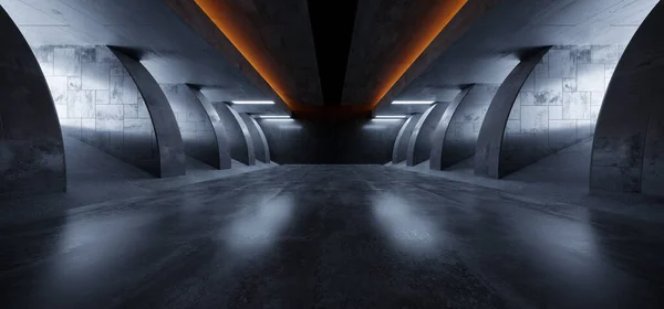 Sci Fi Futuristic Spaceship Showroom Hangar Studio Concrete Hallway Cement Asphalt Dark Realistic Basement Underground Bunker 3D Rendering Illustration