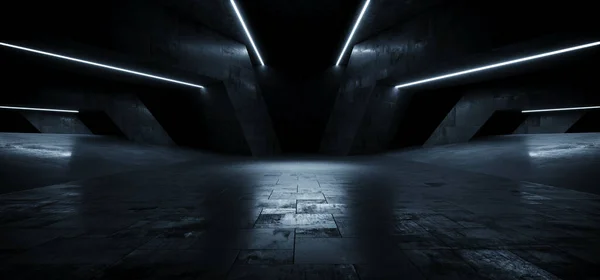 Sci Fi Futuristic Dark Alien Spaceship Concrete Cement Realistic Tunnel Corridor Hallway Showroom Warehouse Studio Underground Hangar Garage 3D Rendering Illustration