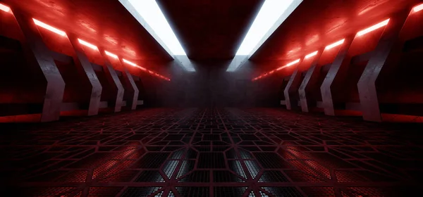 Sci Fi Futuristic Cyber Alien Spaceship Laser Red Glowing Lines Metal Mesh Floor Concrete Columns Corridor Tunnel Dark Showroom Hallway 3D Rendering Illustration