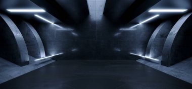 Futuristic Sci Fi Spaceship Showroom Hangar Studio Concrete Grunge Cement Asphalt Dark Realistic Basement Underground Bunker 3D Rendering illustration