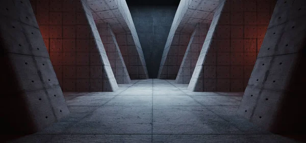 Sci Fi Futuristic Triangle Spaceship Cold Warm Lights Concrete Cement Asphalt Realistic Tunnel Corridor Hallway Showroom Warehouse Studio Underground Hangar Garage 3D Rendering Illustration