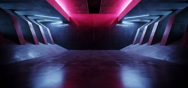 Neon Laser Electric Red Blue Lights Sci Fi Futuristic Cement Concrete Tunnel Corridor Spaceship Showroom Studio Garage Hallway Triangle 3D Rendering Illustration