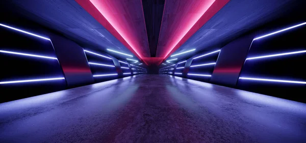 Neon Cyber Laser Electric Red Blue Lights Sci Fi Futuristic Cement Concrete Tunnel Corridor Spaceship Showroom Studio Garage Hallway Triangle 3D Rendering illustration