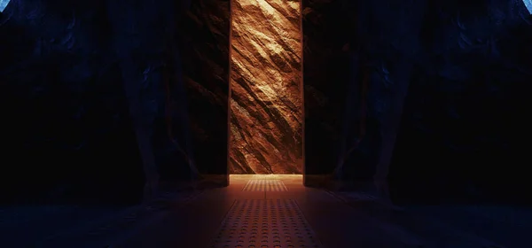Underground Shelter Gate Nuclear Bunker Hangar Garage Metal Panels Mountain Rock Rough Walls Dark Tunnel Corridor Sci Fi Futuristic Spaceship 3d Rendering Illustration