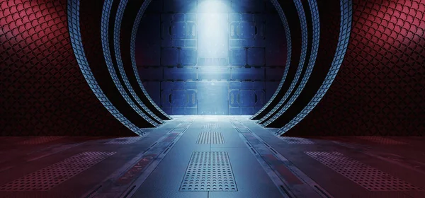 Sci Fi Futuristic Alien Orb Circle Tunnel Corridor Hangar Bunker Shelter Glossy Metal Panels Cyber Purple Blue Neon Glowing Lights 3D Rendering Illustration