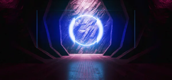 Futuristic Spaceship Underground Nuclear Bunker Neon Hologram Circle Glow Blue Hangar Garage Metal Panels Rock Dark Tunnel Corridor Sci Fi  3d Rendering Illustration