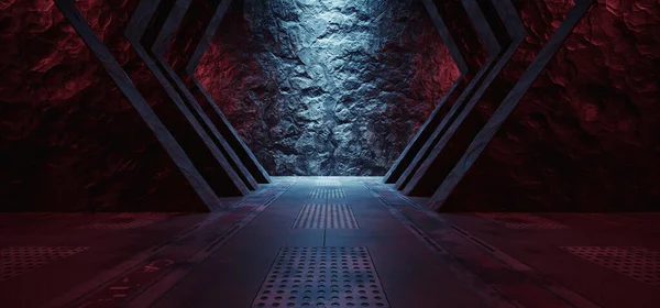 Underground Shelter Nuclear Bunker Hangar Garage Metal Panels Rock Walls Dark Tunnel Corridor Sci Fi Futuristic Spaceship 3d Rendering Illustration