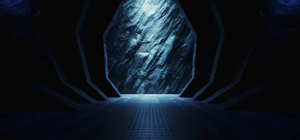 Underground Shelter Nuclear Bunker Hangar Garage Metal Panels Mountain Rock Rough Walls Dark Tunnel Corridor Sci Fi Futuristic Spaceship 3d Rendering Illustration