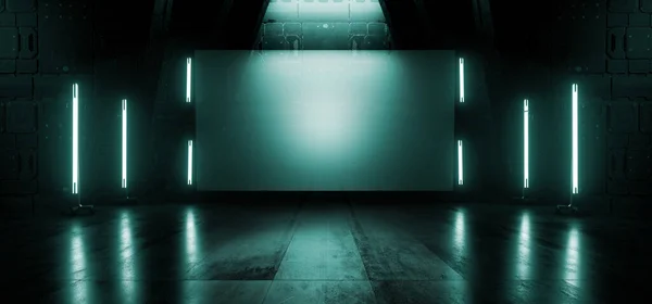 Sci Futurisztikus Színpad Üres Üres Vetítővászon Bemutatóterem Neon Világító Zöld — Stock Fotó