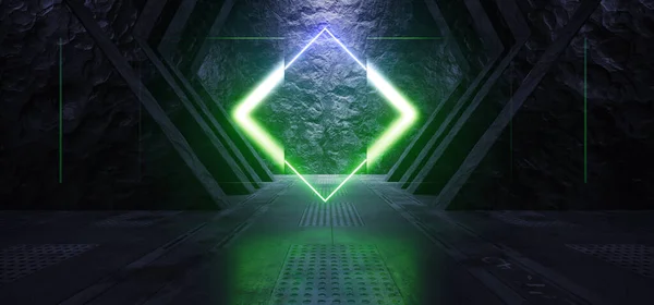 Futuristic Spaceship Underground Nuclear Bunker Neon Hologram Triangle Glow Green Hangar Garage Metal Panels Rock Dark Tunnel Corridor Sci Fi  3d Rendering illustration