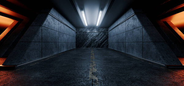 Underground Shelter Nuclear Bunker Hangar Car Garage Showroom Metal Mountain Rock Rough Walls Dark Tunnel Corridor Sci Fi Futuristic Spaceship 3d Rendering illustration