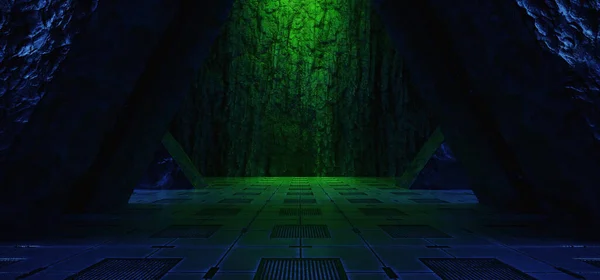 Underground Shelter Nuclear Bunker Hangar Garage Metal Panels Mountain Rock Rough Walls Dark Tunnel Corridor Sci Fi Futuristic Spaceship 3d Rendering Illustration