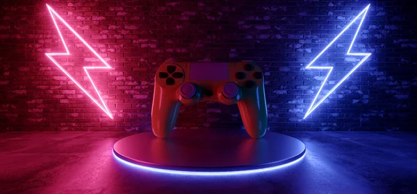 Cyber Gaming Joystick Neon Glowing Brick Wall Room Thunderbolt Lights — Stock Photo, Image