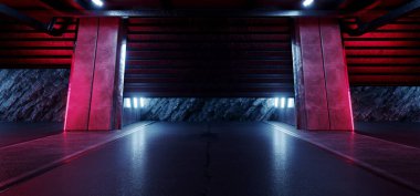 Yeraltı Neon Siber Bilimler Kurgu Falı Geleceğin Taş Duvarı Beton Beton Beton Zemin Bodrum Nükleer Sığınak Park Odası Grunge Araba Otomobili Kapı Koridoru 3D Resim