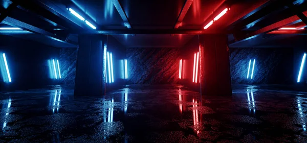 Underground Club Parking Basement Hangar Nuclear Shelter Neon Glowing Red Blue Flashing Lights Wet Concrete Grunge Metal Industrial 3D Rendering Illustration