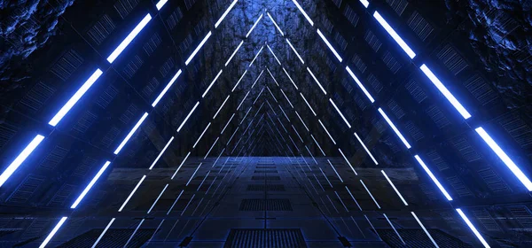 Neon Blue Cyber Geleceğin Uzaylı Sığınak Gemisi Dark Metal Paneller — Stok fotoğraf