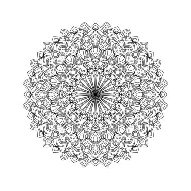 Yetişkinler ve çocuklar için boyama kitabı sayfası için mandala illüstrasyonu. Diğer yaratıcı projeler için tasarım öğesi. Yuvarlak dantel deseni. Sezgisel çizim, sanat terapisi.